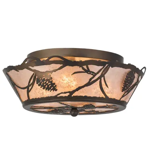 Listen closely. You can almost hear the soft whisper of the pine branches as they dance in the wind. Enjoy the warm ambiance of soft beautiful light diffused through a Silver Mica shade featuring stunning Pinecone and Pine Branch designs. The Whispering Pines ceiling fixture is offered in a Dark Burnished Antique Copper finish. Handcrafted by highly skilled artisans in our 180,000 square manufacturing facility in Yorkville, New York. Shade colors, metal finishes and sizes can be customized. UL and cUL listed for dry and damp locations. Collection: Whispering Pines Finish: Dark Burnished Antique Copper Glass: Silver Mica Width: 16.00" Height: 6.50" Length: 16.00" Weight: 4.00 lb Number of Bulbs: 4 Maximum Wattage: 60.00 W Bulb Type: A19 Bulb Base: E26 Material: Steel Country of Origin: USA Safety Listing: Damp Safety Rating: Damp - alternate view