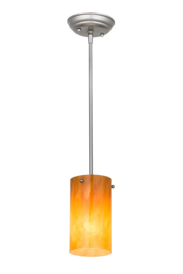 Designed with a cylindrical profile that fits into a broad range of settings, this Cilindro Mini Pendant evokes a striking aesthetic. The stunning Ambra Siena Idalight diffuser is complemented with hardware featured in a Brushed Nickel finish. Install these mini pendants in a row across an island, counter, bar or table for a complete designer look. Handcrafted by Meyda artisans in the USA, this fixture is available in custom colors, styles and sizes, as well as dimmable energy efficient lamping options. UL and cUL listed for damp and dry locations. Collection: Cilindro Finish: Brushed Nickel Glass: Ambra Siena Idalight Width: 5.00" Height: 25.00" Length: 5.00" Weight: 1.50 lb Number of Bulbs: 1 Maximum Wattage: 60.00 W Bulb Type: A19 Bulb Base: E26 Color Temperature: 3000 K Material: Steel Country of Origin: USA Safety Listing: Damp Safety Rating: Damp