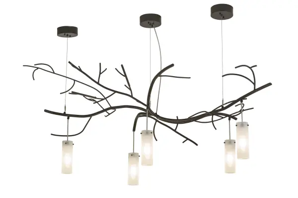 Like the branch of a wise old tree asleep in the cold winter woods, the Winter Solstice chandelier is an abstract expression of light that is perfectly poetic. Intricacies abound with Timeless Bronze finished steel branches hibernating until the light shines from Clear Frosted Glass shades suspended from the ceiling. Custom crafted by highly skilled artisans in our 180,00 square foot manufacturing facility in Yorkville, New York at the foothills of the Adirondack mountains, the fixture is a unique Nature-inspired lighting design. Available in custom sizes, styles and colors, as well as dimmable energy efficient lamping options. The fixture is UL and cUL listed for damp and dry locations. Collection: Winter Solstice Finish: Timeless Bronze Glass: Clear Glass Width: 36.00" Height: 28.00" Length: 72.00" Weight: 26.00 lb Extension from Wall: 36.00" Number of Bulbs: 5 Maximum Wattage: 40.00 W Bulb Type: B11 Bulb Base: E12 Material: Steel Country of Origin: USA Safety Listing: Damp Safety Rating: Damp