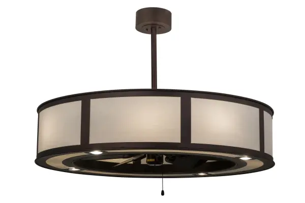 A modern marvel that enhances residential and commercial settings, this custom fan-integrated lighting fixture features stunning Eggshell Textrene with a matching bottom diffuser, complemented with a Mahogany Bronze finish. 8 inner lights provide a handsome decorative effect and beautiful ambient lighting, and 4 downlights offer task illumination on surfaces below. In summer, the fan pushes down a windchill that circulates to keep the space cool and comfortable. In winter, the fan is reversed to pull the room air towards the ceiling and force the warm air back into your space. The Smythe Craftsman Chandel-Air is included in our American-made, American-designed handcrafted Chandel-Air Collection. Manufactured in Yorkville, NY. UL & cUL listed for dry and damp locations. Collection: Smythe Craftsman Finish: Mahogany Bronze Glass: Eggshell Textrene Width: 45.00" Height: 30.00" Length: 45.00" Weight: 81.00 lb Extension from Wall: 4.50" Number of Bulbs: 8 Maximum Wattage: 60.00 W Bulb Type: A19 Bulb Base: E26 Light Source: LED Color Temperature: 3000 K Material: Steel Country of Origin: USA Safety Listing: Damp Safety Rating: Damp LED