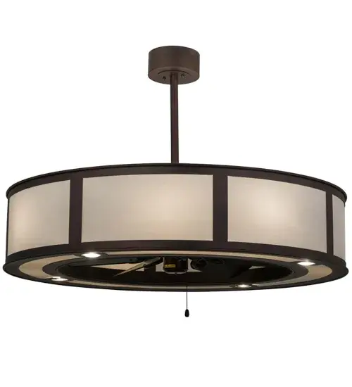 A modern marvel that enhances residential and commercial settings, this custom fan-integrated lighting fixture features stunning Eggshell Textrene with a matching bottom diffuser, complemented with a Mahogany Bronze finish. 8 inner lights provide a handsome decorative effect and beautiful ambient lighting, and 4 downlights offer task illumination on surfaces below. In summer, the fan pushes down a windchill that circulates to keep the space cool and comfortable. In winter, the fan is reversed to pull the room air towards the ceiling and force the warm air back into your space. The Smythe Craftsman Chandel-Air is included in our American-made, American-designed handcrafted Chandel-Air Collection. Manufactured in Yorkville, NY. UL & cUL listed for dry and damp locations. Collection: Smythe Craftsman Finish: Mahogany Bronze Glass: Eggshell Textrene Width: 45.00" Height: 30.00" Length: 45.00" Weight: 81.00 lb Extension from Wall: 4.50" Number of Bulbs: 8 Maximum Wattage: 60.00 W Bulb Type: A19 Bulb Base: E26 Light Source: LED Color Temperature: 3000 K Material: Steel Country of Origin: USA Safety Listing: Damp Safety Rating: Damp LED - alternate view