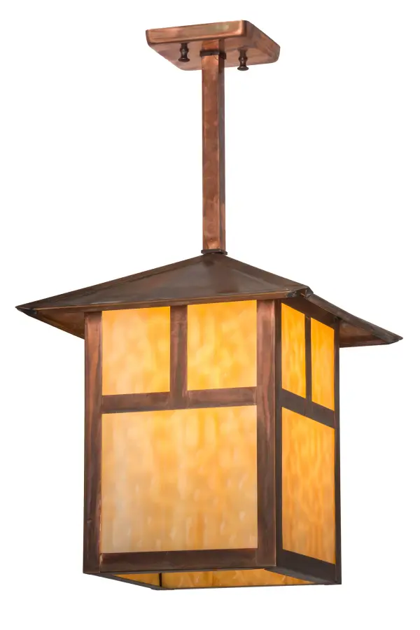 Custom crafted of Solid Brass. This Craftsman Signature lantern is inspired by the popular American Mission design movement.?The pendant features a classic straight line motif on a stunning Beige art glass diffuser; which is complemented with a Vintage Copper finish.?The pendant is perfect for a variety of applications.? Custom made by Meyda artisans in our 180;000 square foot manufacturing facility in Yorkville; New York.? Custom sizes; styles and colors are available; as well as energy efficient lamping options such as LED. The fixture is UL and cUL listed for dry and damp locations.