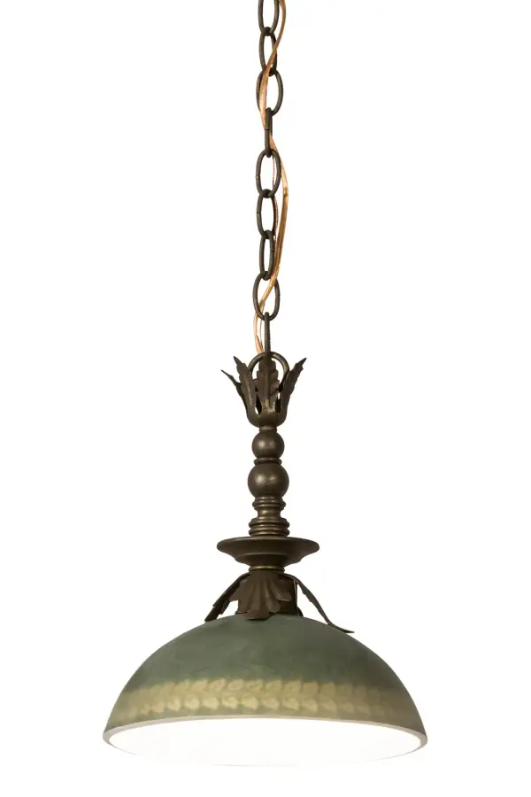 A lovely heirloom quality pendant that evokes remarkable charm and wonderful presence, Hemisphere is defined by a soft curved art glass shade which is reverse hand painted in Green and trimmed with a Gold Leaf floral border. The exquisite shade is paired beautifully with a decorative stem and hardware featuring acanthus leaves and other accents hand finished in a Matte Antique Brass. Custom crafted by highly skilled artisans in our 180,000 square foot manufacturing facility in Yorkville, New York. Custom options include special sizes, styles, finishes and dimmable energy efficient lamping including LED. The fixture is UL and cUL listed for damp and dry locations. Collection: Hemisphere Finish: Antique Brass Matte Glass: Green,Gold Width: 10.00" Height: 16.00" Length: 10.00" Weight: 4.50 lb Number of Bulbs: 1 Maximum Wattage: 60.00 W Bulb Type: G19 Bulb Base: Medium Material: Steel Country of Origin: USA Safety Listing: Damp Safety Rating: Damp