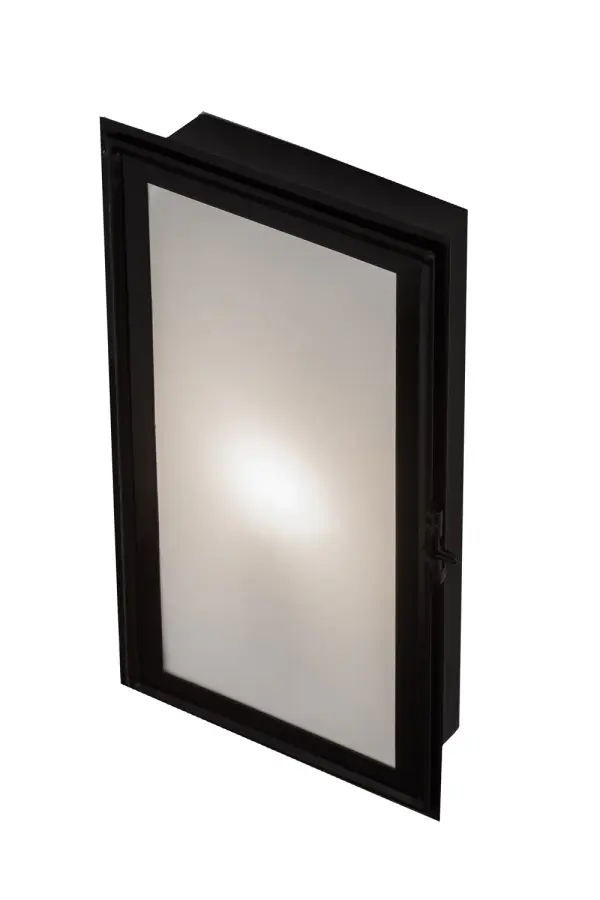 Offering a clean architectural design and a swing door, Ventana is a solid steel sconce that recesses into the wall. This handsome rectangular luminaire features White Flash Glass outlined with a frame and hardware featured in a Black Chrome finish. Handcrafted by highly skilled artisans in our 180,000 square foot manufacturing facility in Yorkville, New York, this fixture is available in custom finishes, sizes and colors and with dimmable energy efficient lamping options. It is UL and cUL listed for damp and dry locations. Collection: Ventana Finish: Black Chrome Glass: Frosted White Glass Width: 9.50" Height: 16.25" Length: 2.75" Weight: 7.00 lb Extension from Wall: 2.75" Number of Bulbs: 1 Maximum Wattage: 40.00 W Bulb Type: BA9 Bulb Base: Candelabra Material: Steel Country of Origin: USA Safety Listing: Damp Safety Rating: Damp