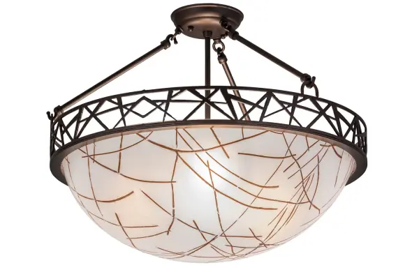 Inspired by a new Modernism, this eye-catching abstract expressionist design integrates crisscross patterns in a rich Cognac hue on Veritas, a textured ecofriendly medium with unparalleled performance, aesthetics and translucency for architectural lighting applications. The decorative accents on the trim, as well as the frame and hardware, are featured in a Mahogany Bronze finish. This fixture is custom crafted in the USA and available in custom styles, sizes and colors. It is also available with dimmable, energy efficient lamping options. The pendant is UL and cUL listed for damp and dry location. Collection: Tracery Finish: Mahogany Bronze Glass: White Width: 22.00" Height: 17.50" Length: 22.00" Weight: 10.00 lb Number of Bulbs: 3 Maximum Wattage: 40.00 W Bulb Type: A19 Bulb Base: Medium Material: Steel Country of Origin: USA Safety Listing: Damp Safety Rating: Damp