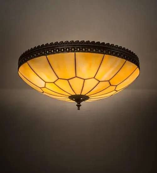 The Honeycomb patterned Beige shade; created with high fired; kiln formed art glass; is highlighted on this elegant dramatic lighting fixture and will make a stunning design statement in any room. This beautiful shade is complemented with an exquisite; intricate patterned Solid Brass border; along with hardware and matching finial hand finished in a Craftsman Brown with Highlights. This fixture is handcrafted by our artisans in the USA using the famous copper foil construction process. Custom sizes; styles; and colors are offered; as well as dimmable energy efficient lamping options. This fixture is UL and cUL listed in dry and damp locations.