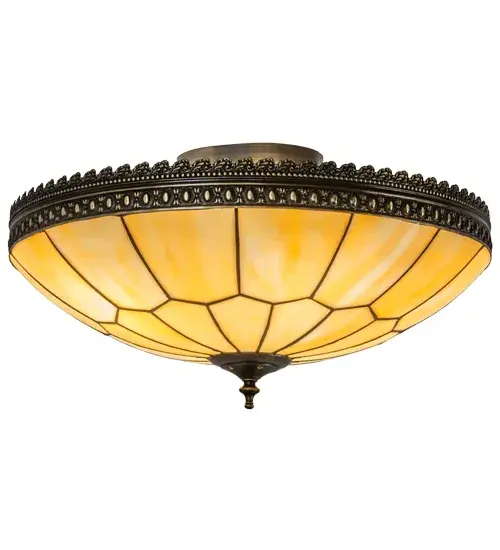 The Honeycomb patterned Beige shade; created with high fired; kiln formed art glass; is highlighted on this elegant dramatic lighting fixture and will make a stunning design statement in any room. This beautiful shade is complemented with an exquisite; intricate patterned Solid Brass border; along with hardware and matching finial hand finished in a Craftsman Brown with Highlights. This fixture is handcrafted by our artisans in the USA using the famous copper foil construction process. Custom sizes; styles; and colors are offered; as well as dimmable energy efficient lamping options. This fixture is UL and cUL listed in dry and damp locations. - alternate view