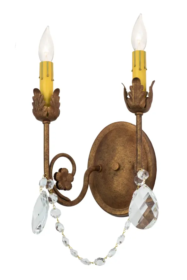 Exquisite styling and luxurious charm are reflected in Antonia, which features faceted crystal charms and pendalogues, scroll arms, Acanthus leaves and rich Autumn Leaf finished hardware. This elegant sconce embraces two Amber-colored faux candlelights and features quality materials and hand detailed American craftsmanship perfected by years of time honored artistry, passed down from generations of prolific artisans. Custom sizes, styles, colors and dimmable energy efficient lamping options are available. The fixture is UL and cUL listed for damp and dry locations. Collection: Antonia Finish: Autumn Leaf Glass: Coral,Black Metal Finish Width: 10.00" Height: 12.00" Length: 7.00" Weight: 2.00 lb Extension from Wall: 7.00" Number of Bulbs: 2 Maximum Wattage: 40.00 W Bulb Type: B10 Bulb Base: E12 Material: Steel Country of Origin: USA Safety Listing: Damp Safety Rating: Damp