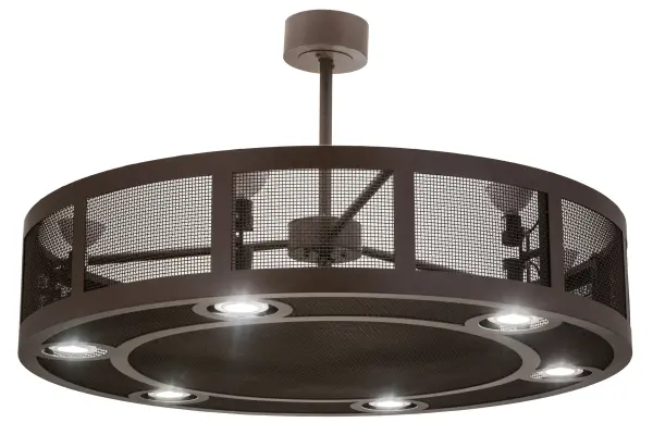 Handsome styling meets engineering innovation. This fantastic, energy-efficient decorating idea for a home, retail or hospitality location features a custom crafted Chandel-Air design with a caged frame and mesh. The solid steel hardware and grill is featured in a Cafe Noir finish. The modern marvel combines a ceiling fan within a handsome lighting fixure that features 6 LED downlights for task lighting and 6 LED uplights for ambient lighting. Handcrafted in Yorkville, New York, this energy-saving Chandel-Air" creates a windchill to keep the space cool in the summer, and is reversed in the winter to push down hot air and maintain warmth. Dimmable energy efficient lamping options, as well as custom sizes, styles, and colors, are available. UL and cUL listed." Collection: Paloma Golpe Finish: Cafe-Noir Glass: Cafe Noir Width: 48.00" Height: 28.00" Length: 48.00" Weight: 83.00 lb Number of Bulbs: 12 Maximum Wattage: 20.00 W Bulb Type: PAR30 Bulb Base: E26 Material: Steel Country of Origin: USA Safety Listing: Damp Safety Rating: Damp