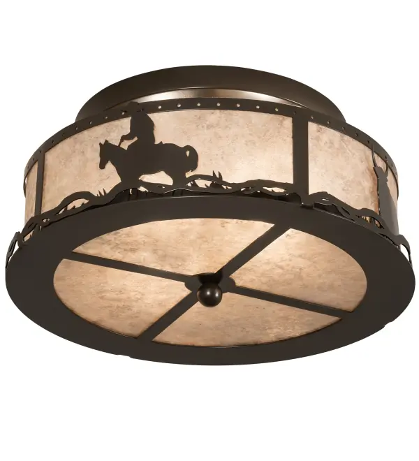 The material is Steel and Mica. The finish is Timeless Bronze. The diffuser is Silver Mica. Collection: Cowboy & Steer Finish: Timeless Bronze Glass: Silver Mica Width: 16.00" Height: 8.00" Length: 16.00" Weight: 6.00 lb Extension from Wall: 12.50" Number of Bulbs: 2 Maximum Wattage: 60.00 W Bulb Type: A19 Bulb Base: E26 Material: Steel Country of Origin: USA Safety Listing: Damp Safety Rating: Damp