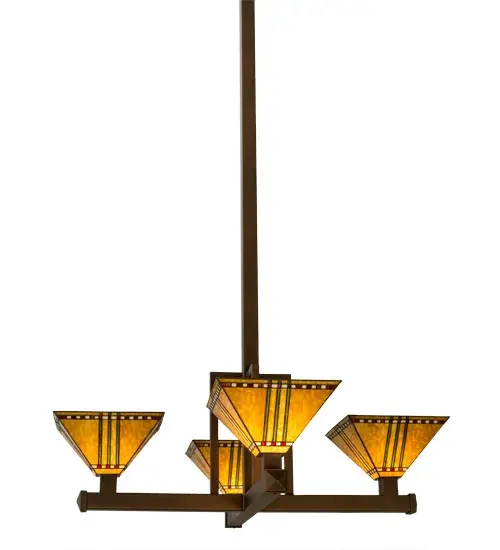 Utilizing a love for geometric forms; this Prairie styled design interprets organic objects into simplified lines with 4 art glass shades designed with rows of Chili Red and Wheat kernels and stalks of Bronzed Jade against a Maize Gold background. Meyda Tiffany?s famous copperfoil construction process is used to create the shades; which are paired with metal hardware which is featured in a Cinnamon Coffee Metallic finish. Custom colors; styles and sizes are available; as well as dimmable energy efficient lamping options such as LED. The 47-inch wide pendant is UL and cUL listed for damp and dry locations. - alternate view
