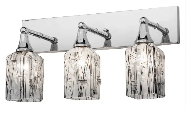 A sweet design with a mouth-watering fused glass lighting effect... The Licorice Vanity Light offers a cool look created from hot; high-fired glass. Licorice Black streaks are highlighted with an Amber frit against Clear glass. The art glass shade is complemented with Brass hardware featured in a Chrome finish. This fixture can be placed above a bathroom vanity or on walls in fine homes and hotels from Shelter Island; New York; to Columbus; Ohio; to Palm Springs; California. The Metro Fusion Licorice 3 Light Vanity Light is included in our American-made; American-designed; handcrafted Fused Glass Collection; which is manufactured in Yorkville; New York. UL and cUL listed for dry and damp locations. Each shade is a unique work of art with color variations based on natural ingredients inherent in the glass. The Quality Bent Glass division of Meyda Lighting is over 100 years in the making. Today; we are still creating timeless masterpieces using tools and methods from the days when we supplied Tiffany Studios. Fused glass colors and metal finishes are customizable; as each fixture is handcrafted to order.