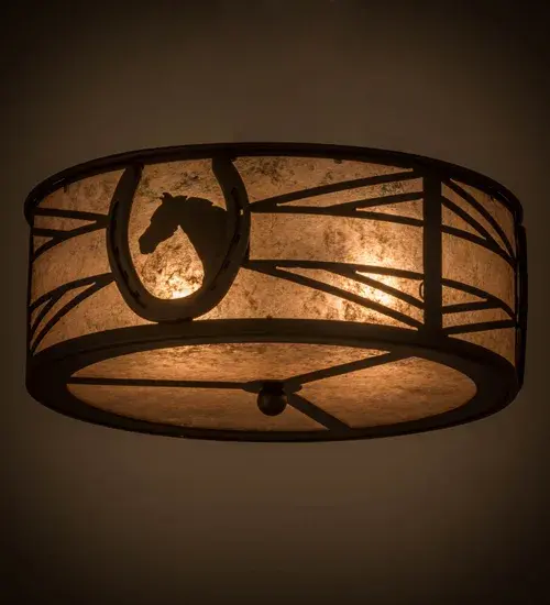 A horse portrait framed with a lucky horseshoe encircles this handsome ceiling fixture. Beautiful ambient light projects through stunning Silver Mica accented by a geometric design styled after fencing commonly found at horse stables. Decorative hardware; frame and accents are enhanced in an Oil Rubbed Bronze finish. Perfect for game rooms; man caves and equestrian centers; as well as other residential and commercial spaces. Handcrafted by highly skilled artisans in the USA. Custom sizes; styles and colors are available. Energy efficient lamping options such as LED are offered. This fixture is UL and cUL listed for damp and dry locations.