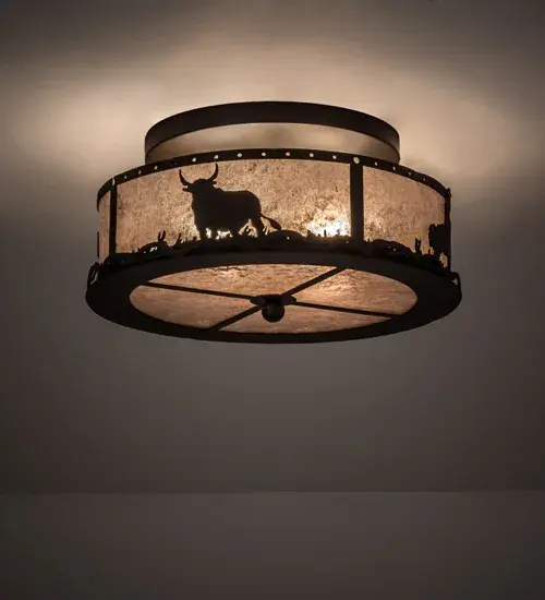 A Cowboy rides a trusty horse looking for his steer across the prairie as the late afternoon sun lowers in this western-inspired ceiling fixture design. Beautiful ambient light projects through stunning Silver Mica; which is complemented by decorative accents; frame and hardware featured in an Oil Rubbed Bronze finish. Handmade in the USA; this fixture is handcrafted by highly skilled artisans in our Yorkville; New York manufacturing facility. Custom colors; sizes and styles are available; as well as dimmable energy efficient lamping options such as LED. This fixture is UL and cUL listed for damp and dry locations.