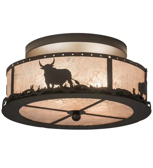 A Cowboy rides a trusty horse looking for his steer across the prairie as the late afternoon sun lowers in this western-inspired ceiling fixture design. Beautiful ambient light projects through stunning Silver Mica; which is complemented by decorative accents; frame and hardware featured in an Oil Rubbed Bronze finish. Handmade in the USA; this fixture is handcrafted by highly skilled artisans in our Yorkville; New York manufacturing facility. Custom colors; sizes and styles are available; as well as dimmable energy efficient lamping options such as LED. This fixture is UL and cUL listed for damp and dry locations. - alternate view