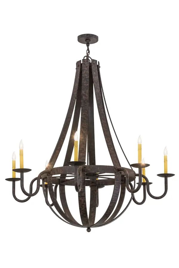 Rugged rustic charm blends with gothic beauty. The chandelier is inspired by antique staves traditionally bound by metal hoops in the construction of beer/whisky barrels and wine casks. Coffee Bean finished curved arms of solid steel support bobeches accented with eight Ivory faux candlelights, which line up like soldiers at attention in abeyance of the barrel to which they serve. Ideal for lobbies, foyers, banquet rooms, and reception areas. Custom crafted by skilled artisans in our 180,000-square-foot manufacturing facility in Yorkville, New York, this fixture is UL and cUL listed for damp and dry locations and featured in a private residence in Amherst, New Hampshire. Collection: Barrel Stave Finish: Coffee Bean Glass: Chocolate,Beige,Black Metal Finish Width: 48.00" Height: 55.00" Length: 48.00" Weight: 104.00 lb Number of Bulbs: 8 Maximum Wattage: 60.00 W Bulb Type: B10 Bulb Base: E12 Material: Steel Country of Origin: USA Safety Listing: Damp Safety Rating: Damp