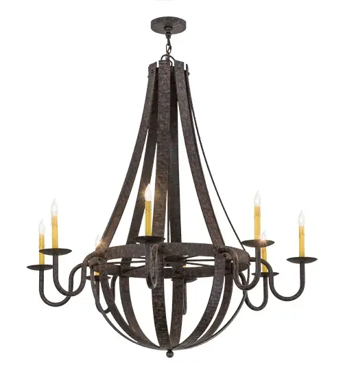 Rugged rustic charm blends with gothic beauty. The chandelier is inspired by antique staves traditionally bound by metal hoops in the construction of beer/whisky barrels and wine casks. Coffee Bean finished curved arms of solid steel support bobeches accented with eight Ivory faux candlelights, which line up like soldiers at attention in abeyance of the barrel to which they serve. Ideal for lobbies, foyers, banquet rooms, and reception areas. Custom crafted by skilled artisans in our 180,000-square-foot manufacturing facility in Yorkville, New York, this fixture is UL and cUL listed for damp and dry locations and featured in a private residence in Amherst, New Hampshire. Collection: Barrel Stave Finish: Coffee Bean Glass: Chocolate,Beige,Black Metal Finish Width: 48.00" Height: 55.00" Length: 48.00" Weight: 104.00 lb Number of Bulbs: 8 Maximum Wattage: 60.00 W Bulb Type: B10 Bulb Base: E12 Material: Steel Country of Origin: USA Safety Listing: Damp Safety Rating: Damp - alternate view