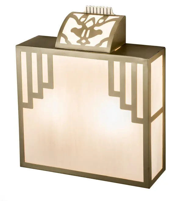 Built in the spirit of William Van Alen's iconic Chrysler building, this Solid Brass Wall Sconce features a classic abstract Deco design that illuminates through a White glass diffuser. The appealing lens is enhanced with a stunning frame, curvaceous finial, decorative accents, and hardware in a Natural Brass finish. Custom crafted in our 180,000 square foot manufacturing facility in the USA, this wall fixture is offered in custom sizes, finishes, and styles, as well as dimmable energy efficient lamping options such as LED. The Spire wide sconce is UL and cUL listed for damp and dry locations. Collection: Spire Finish: Natural Brass Glass: White Art Glass Width: 12.00" Height: 14.00" Length: 4.00" Weight: 5.50 lb Extension from Wall: 4.00" Number of Bulbs: 2 Maximum Wattage: 60.00 W Bulb Type: B10 Bulb Base: E12 Light Source: LED Color Temperature: 3000 K Material: Brass Country of Origin: USA Safety Listing: Damp Safety Rating: Damp LED
