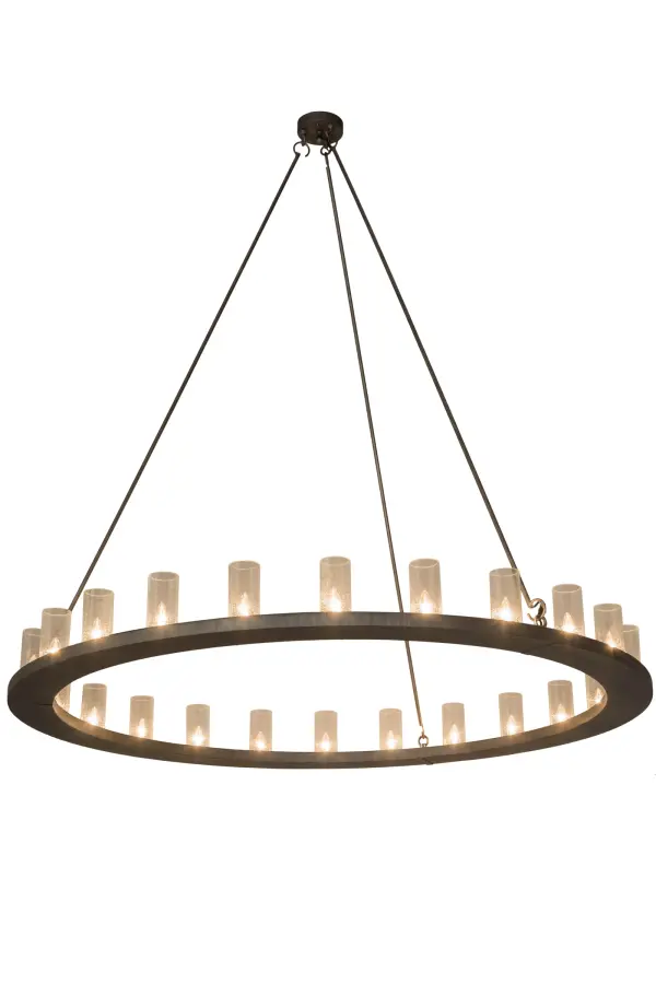 Blending an elegant style with a classic distinguished look, Loxley is custom crafted with 24 Clear Seeded Glass Cylindres on a circular steel frame which is featured in an Iron Ore finish. The fixture is ideal for illuminating lobbies, conference rooms, entryways and other large residential and commercial spaces. The chandelier is handcrafted by highly skilled artisans in our 180,000 square foot manufacturing facility in Yorkville, New York. Custom colors, styles and sizes are available, as well as dimmable energy efficient lamping options. The fixture is UL and cUL listed for damp and dry locations. Collection: Loxley Finish: Antique Iron Ore Glass: Clear Seeded Glass Width: 72.00" Height: 72.50" Length: 72.00" Weight: 93.00 lb Extension from Wall: 7.00" Number of Bulbs: 24 Maximum Wattage: 40.00 W Bulb Type: BA13 Bulb Base: E26 Material: Steel Country of Origin: USA Safety Listing: Damp Safety Rating: Damp