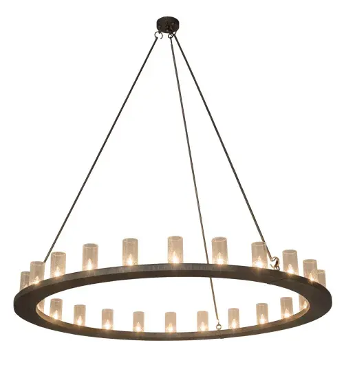 Blending an elegant style with a classic distinguished look, Loxley is custom crafted with 24 Clear Seeded Glass Cylindres on a circular steel frame which is featured in an Iron Ore finish. The fixture is ideal for illuminating lobbies, conference rooms, entryways and other large residential and commercial spaces. The chandelier is handcrafted by highly skilled artisans in our 180,000 square foot manufacturing facility in Yorkville, New York. Custom colors, styles and sizes are available, as well as dimmable energy efficient lamping options. The fixture is UL and cUL listed for damp and dry locations. Collection: Loxley Finish: Antique Iron Ore Glass: Clear Seeded Glass Width: 72.00" Height: 72.50" Length: 72.00" Weight: 93.00 lb Extension from Wall: 7.00" Number of Bulbs: 24 Maximum Wattage: 40.00 W Bulb Type: BA13 Bulb Base: E26 Material: Steel Country of Origin: USA Safety Listing: Damp Safety Rating: Damp - alternate view
