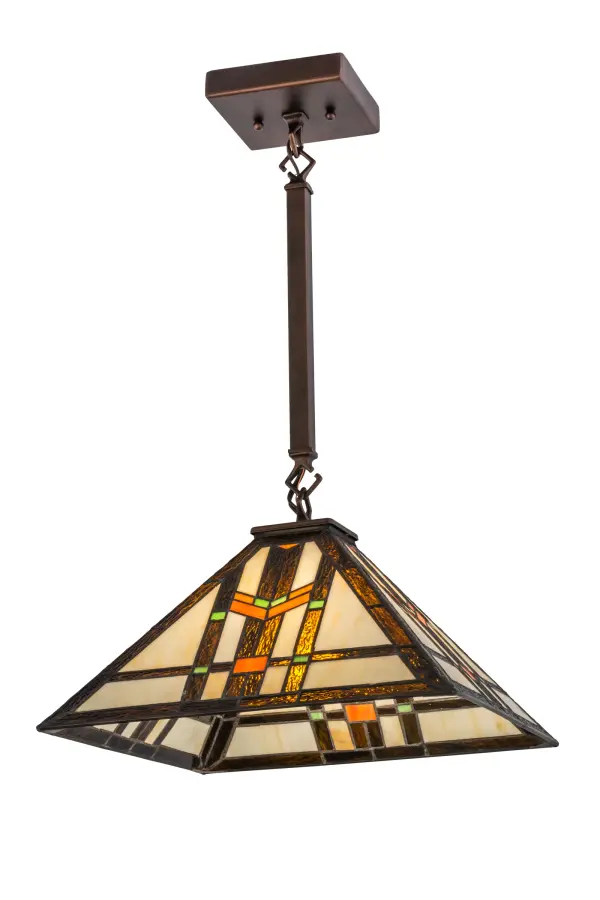 Clean geometric lines; structural details and meticulous attention to quality are hallmarks of this lighting fixture. This appealing Mission styled pendant features colorful interlocking blocks of Green and Sunburst art glass with Bark Brown Granite Glass to form stylized wheat stalks on a Creamy Beige background. The handcrafted art glass shade is embraced by hardware finished in Mahogany Bronze. The perfect illuminating centerpiece to enhance any decor for fine homes; restaurants; boutiques and hotels. Custom sizes; styles; colors and dimmable energy efficient lamping options are available. The fixture is UL and cUL listed for damp and dry listings.