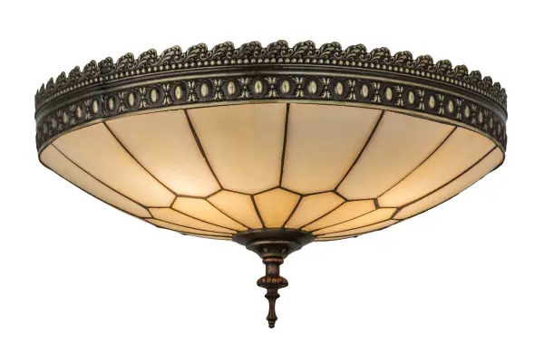 The Honeycomb patterned Light Beige shade, created with high fired, kiln formed art glass, is highlighted on this elegant dramatic lighting fixture and will make a stunning design statement in any room. This beautiful shade is complemented with an exquisite, intricate patterned Solid Brass border, along with hardware and matching finial featured in a Craftsman Brown Highlighted finish. This fixture is handcrafted by our artisans in the USA using the famous copperfoil construction process. Custom sizes, styles and colors are offered, as well as dimmable energy efficient lamping options. This fixture is UL and cUL listed for dry and damp locations. Collection: Vincent Finish: Craftsman Brown Highlighted Glass: Beige Art Glass Width: 15.00" Height: 8.00" Length: 15.00" Weight: 4.00 lb Number of Bulbs: 3 Maximum Wattage: 60.00 W Bulb Type: A19 Bulb Base: E26 Material: Steel Country of Origin: USA Safety Listing: Damp Safety Rating: Damp