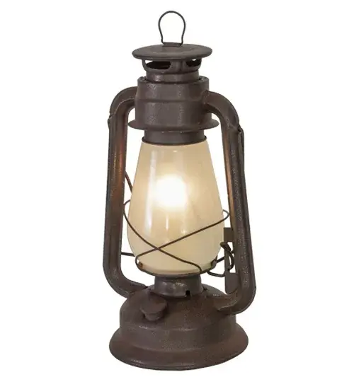 Traditional, functional and ornamental, the Miners Lantern recreates an old world style from the early 1800s. This handsome crafted lamp makes a wonderful decorative accent for the home, office, restaurant or commercial environment. The hardware and decorative accents are finished in a Distressed Rust with a Clear Frosted glass diffuser. Custom crafted by Meyda artisans in the Yorkville, NY manufacturing facility. Collection: Miners Lantern Finish: Distressed Rust Glass: Clear Frosted Glass Width: 7.00" Height: 12.00" Length: 7.00" Weight: 1.50 lb Extension from Wall: 13.00" Number of Bulbs: 1 Maximum Wattage: 60.00 W Bulb Type: BA10 Bulb Base: E12 Material: Steel Country of Origin: USA Safety Listing: Dry Safety Rating: Dry - alternate view