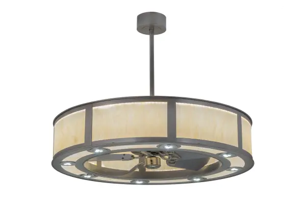 A modern marvel that enhances residential and commercial settings, this fan-integrated lighting fixture features a stunning Sahara Taupe Idalight with a matching bottom diffuser, complemented with a Nickel finish. Multiple layers of light for different moods and tasks include Integral LED inner lights that provide beautiful decorative and ambient lighting, and 8 downlights providing functional illumination below. In summer, the fan pushes down a windchill that circulates to keep the space cool and comfortable. In winter, the fan is reversed to pull the room air towards the ceiling and force the warm air back into your space. The Smythe Craftsman Chandel-Air is included in our American-made, American-designed handcrafted Chandel-Air Collection. Manufactured in Yorkville, NY. UL & cUL listed for dry and damp locations. Collection: Smythe Craftsman Finish: Nickel Glass: Sahara Taupe Idalight Width: 45.00" Height: 45.00" Length: 45.00" Weight: 88.00 lb Number of Bulbs: 2 Maximum Wattage: 30.00 W Bulb Type: STRIP Bulb Base: INTEGRAL Light Source: LED Color Temperature: 3000 K Material: Steel Country of Origin: USA Safety Listing: Damp Safety Rating: Damp LED