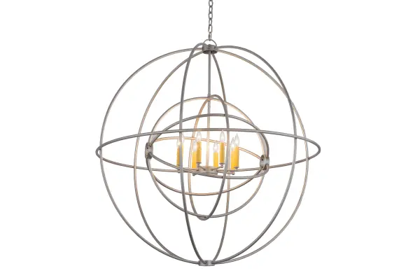 Like a complex gyroscopic structure; Nickel finished Solid Steel rings create a unique curvature pattern that evokes the illusion of revolutionary motion like a spinning gimbal rotating on its axis. The orbed frame envelopes a smaller frame similar to one that represents atomic energy; which wraps around an elegant 8-light faux Amber candelabra. Custom crafted in the USA; this fixture is available in custom colors; designs and sizes; as well as dimmable energy efficient lamping options. UL and cUL listed for damp and dry locations.