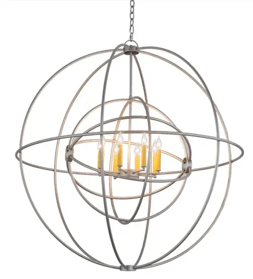 Like a complex gyroscopic structure; Nickel finished Solid Steel rings create a unique curvature pattern that evokes the illusion of revolutionary motion like a spinning gimbal rotating on its axis. The orbed frame envelopes a smaller frame similar to one that represents atomic energy; which wraps around an elegant 8-light faux Amber candelabra. Custom crafted in the USA; this fixture is available in custom colors; designs and sizes; as well as dimmable energy efficient lamping options. UL and cUL listed for damp and dry locations. - alternate view