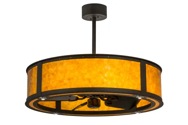 This fan-integrated lighting fixture features stunning Amber Mica with a matching bottom diffuser, complemented with an Oil Rubbed Bronze finish. Multiple layers of light for different moods and tasks include Integral LED inner lights that bring out the beauty of the Mica and provide beautiful ambient lighting, while 4 downlights deliver task illumination on surfaces below. In summer, the fan pushes down a windchill that circulates to keep the space cool and comfortable. In winter, fan is reversed to pull air towards the ceiling and force the warm air back into your space. The Smythe Craftsman Chandel-Air is included in our American-made, American-designed handcrafted Craftsman Lighting Collection. UL and cUL listed for dry and damp locations. Collection: Smythe Craftsman Finish: Oiled Bronze Glass: Oil Rubbed Bronze/Amber Mica Ac Motor Width: 37.00" Height: 29.00" Length: 37.00" Weight: 69.00 lb Extension from Wall: 26.00" Number of Bulbs: 1 Maximum Wattage: 3.00 W Bulb Type: SPOTLIGHT Bulb Base: INTEGRAL Light Source: LED Color Temperature: 3000 K Material: Steel Country of Origin: USA Safety Listing: Damp Safety Rating: Damp LED