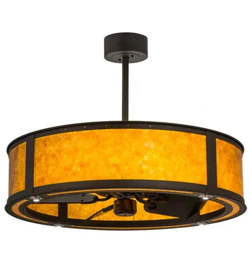 This fan-integrated lighting fixture features stunning Amber Mica with a matching bottom diffuser, complemented with an Oil Rubbed Bronze finish. Multiple layers of light for different moods and tasks include Integral LED inner lights that bring out the beauty of the Mica and provide beautiful ambient lighting, while 4 downlights deliver task illumination on surfaces below. In summer, the fan pushes down a windchill that circulates to keep the space cool and comfortable. In winter, fan is reversed to pull air towards the ceiling and force the warm air back into your space. The Smythe Craftsman Chandel-Air is included in our American-made, American-designed handcrafted Craftsman Lighting Collection. UL and cUL listed for dry and damp locations. Collection: Smythe Craftsman Finish: Oiled Bronze Glass: Oil Rubbed Bronze/Amber Mica Ac Motor Width: 37.00" Height: 29.00" Length: 37.00" Weight: 69.00 lb Extension from Wall: 26.00" Number of Bulbs: 1 Maximum Wattage: 3.00 W Bulb Type: SPOTLIGHT Bulb Base: INTEGRAL Light Source: LED Color Temperature: 3000 K Material: Steel Country of Origin: USA Safety Listing: Damp Safety Rating: Damp LED - alternate view