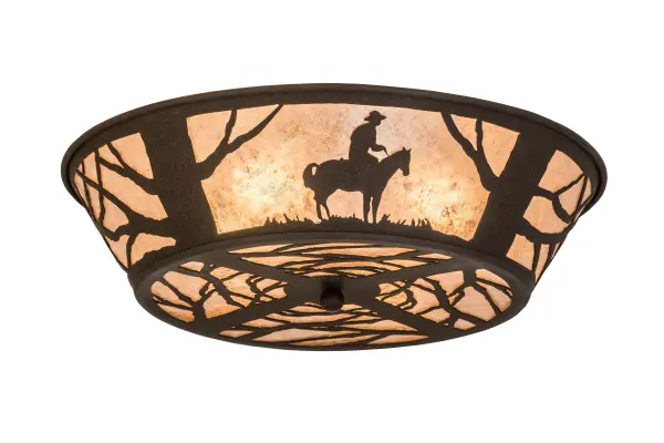 Cowboys on their trusty horses accent this Western inspired flushmount, illuminated through Silver mica panels. The fixture has a Rust finish and is handcrafted in the USA by Meyda artisans. Collection: Cowboy Finish: Dark Roast Glass: Silver Mica Width: 22.00" Height: 7.50" Length: 22.00" Weight: 9.50 lb Extension from Wall: 5.00" Number of Bulbs: 4 Maximum Wattage: 60.00 W Bulb Type: A19 Bulb Base: E26 Material: Steel Country of Origin: USA Safety Listing: Damp Safety Rating: Damp