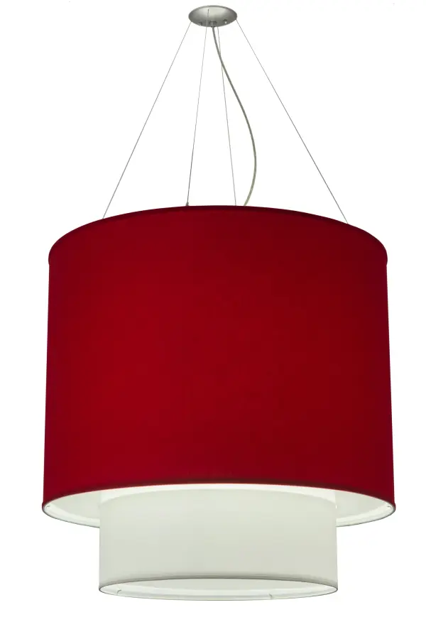 Designed with a round profile and a distinctive architectural look; this versatile two-tier pendant defines a sophisticated aesthetic. The larger Red Textrene shade features a Statuario Idalight bottom diffuser and crowns a smaller White Textrene shade with a matching Statuario Idalight bottom diffuser. The twin-shade pendant is complemented with hardware featured in a Nickel powder coat finish. Handcrafted by highly skilled artisans in our 180;000 square foot manufacturing facility in Yorkville; New York; this transitional styled pendant is available in custom designs; colors; sizes and dimmable lamping options. This fixture is UL and cUL listed for damp and dry locations.