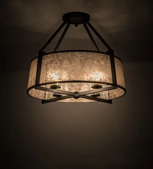 This Cilindro infuses a handsome Craftsman architectural appeal of empowerment; strength; work ethic and efficiency. A stunning Silver Mica diffuser is complemented with a Wrought Iron finished cross-hatch frame and matching hardware; revealing four 40-watt luminaires from within. The ceiling fixture is handcrafted by Meyda artisans in Upstate New York. Dimmable LED and standard lamping options are offered; as well as custom sizes; styles and colors. This fixture is UL and cUL listed for damp and dry locations. A striking Custom Wrought Iron Look.