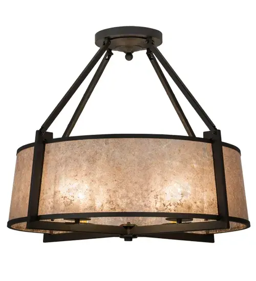 This Cilindro infuses a handsome Craftsman architectural appeal of empowerment; strength; work ethic and efficiency. A stunning Silver Mica diffuser is complemented with a Wrought Iron finished cross-hatch frame and matching hardware; revealing four 40-watt luminaires from within. The ceiling fixture is handcrafted by Meyda artisans in Upstate New York. Dimmable LED and standard lamping options are offered; as well as custom sizes; styles and colors. This fixture is UL and cUL listed for damp and dry locations. A striking Custom Wrought Iron Look. - alternate view