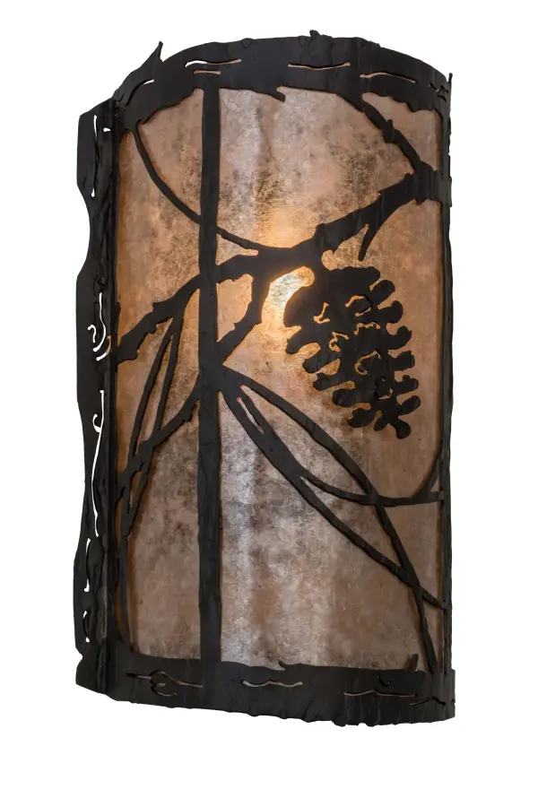 Listen closely. You can almost hear the soft whisper of the pine branches as they dance in the wind. Enjoy the warm ambiance of soft beautiful light diffused through an Silver Mica shade featuring stunning Pinecone and Pine Branch designs. The fixture is hand finished in Wrought Iron. This right side fixture can be paired with the right wall fixture model 170619. Handcrafted by highly skilled artisans in our 180,000 square manufacturing facility in Yorkville, New York. Diffuser colors, metal finishes and sizes can be customized. UL and cUL listed for dry and damp locations. Collection: Whispering Pines Finish: Wrought Iron Glass: Silver Mica Width: 8.00" Height: 13.00" Length: 4.50" Weight: 2.50 lb Extension from Wall: 4.50" Number of Bulbs: 1 Maximum Wattage: 60.00 W Bulb Type: B10 Bulb Base: E12 Material: Steel Country of Origin: USA Safety Listing: Damp Safety Rating: Damp