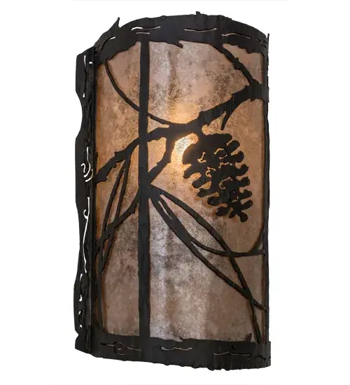 Listen closely. You can almost hear the soft whisper of the pine branches as they dance in the wind. Enjoy the warm ambiance of soft beautiful light diffused through an Silver Mica shade featuring stunning Pinecone and Pine Branch designs. The fixture is hand finished in Wrought Iron. This right side fixture can be paired with the right wall fixture model 170619. Handcrafted by highly skilled artisans in our 180,000 square manufacturing facility in Yorkville, New York. Diffuser colors, metal finishes and sizes can be customized. UL and cUL listed for dry and damp locations. Collection: Whispering Pines Finish: Wrought Iron Glass: Silver Mica Width: 8.00" Height: 13.00" Length: 4.50" Weight: 2.50 lb Extension from Wall: 4.50" Number of Bulbs: 1 Maximum Wattage: 60.00 W Bulb Type: B10 Bulb Base: E12 Material: Steel Country of Origin: USA Safety Listing: Damp Safety Rating: Damp - alternate view
