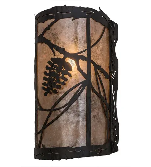 Listen closely. You can almost hear the soft whisper of the pine branches as they dance in the wind. Enjoy the warm ambiance of soft beautiful light diffused through an Silver Mica shade featuring stunning Pinecone and Pine Branch designs. The fixture is hand finished in Wrought Iron. This right side fixture can be paired with a left wall fixture model 170615.? Handcrafted by highly skilled artisans in our 180,000 square manufacturing facility in Yorkville, New York. Diffuser colors, metal finishes and sizes can be customized. UL and cUL listed for dry and damp locations. Collection: Whispering Pines Finish: Wrought Iron Glass: Silver Mica Width: 8.00" Height: 13.00" Length: 4.50" Weight: 2.50 lb Extension from Wall: 4.50" Number of Bulbs: 1 Maximum Wattage: 60.00 W Bulb Type: B10 Bulb Base: E12 Material: Steel Country of Origin: USA Safety Listing: Damp Safety Rating: Damp - alternate view