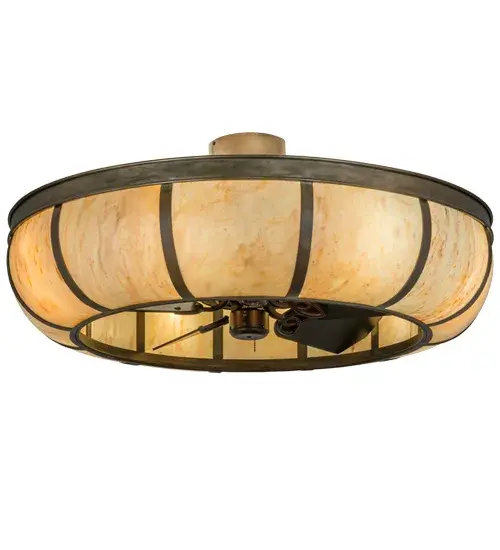 A fan-tastic, energy efficient decorating idea for a home, retail or hospitality location, this custom crafted Chandel-Air features stunning Travertine Idalight with a frame, hardware and decorative accents depicted in an Antique Copper finish. This modern marvel combines a ceiling fan with a handsome lighting fixture that includes 8 inner lights for decorative illumination that brings out the beauty of Idalight. Handcrafted in Yorkville, New York by Meyda artisans, this energy saving Arts & Crafts inspired Chandel-Air creates a windchill to keep the space cool in the summer, and is reversed in the winter to push down hot air and maintain warmth. Dimmable energy efficient lamping options, as well as custom sizes, styles and colors, Collection: Prime Finish: Antique Copper Oiled Bronze Glass: Travertine Idalight Ac Motor Width: 44.00" Height: 18.00" Length: 44.00" Weight: 77.00 lb Number of Bulbs: 8 Maximum Wattage: 60.00 W Bulb Type: A19 Bulb Base: E26 Material: Steel Country of Origin: USA Safety Listing: Damp Safety Rating: Damp - alternate view