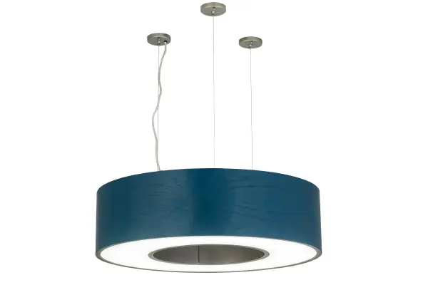 Like a fine piece of furniture; this striking pendant will lift your spirit with a striking Blue coloration for an updated contemporary look. The ring; as if from trees shaped by years of growth with the north winds pushing gently at their spine; is finished in Blue Stained Oak Veneer with a Statuario Idalight bottom diffuser used as a brilliant light source for ambient lighting. The hardware is featured in a Satin Nickel finish. Integral LEDS deliver energy savings; reduced maintenance and long life. Custom crafted in our 180;000 square foot manufacturing facility in Yorkville; New York; this fixture is offered in custom designs; finishes and sizes; and with dimmable lamping options. UL and cUL listed for damp and dry locations.