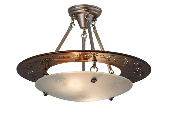 An explosion of satellites; stars and planets light up the Super Nova inverted fixture. The Frosted Art Glass shade with Bas Relief; is spiked with swirls and squiggles fused and formed in a hot kiln and suspended from a metallic ring pierced with matching patterns. The hardware is featured in Nickel and Translucent Copper finishes. Designed and created by Meyda artists and craftsmen; it is a fun contemporary fixture for your pleasure. Custom sizes; styles and colors are available; as well as dimmable energy efficient lamping options. UL and cUL listed.