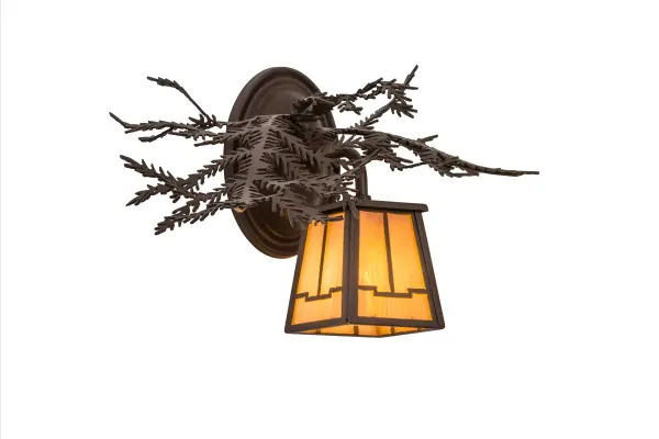 Every Meyda Tiffany item is a unique handcrafted work of art. Natural variations in the wide array of materials that we use to create each Meyda product make every item a masterpiece of its own. Photographs are a general representation of the product. Colors and designs will vary. Collection: Pine Branch Finish: Cafe Noir Glass: Beige Iridescent Width: 14.50" Height: 9.00" Length: 11.00" Weight: 2.00 lb Extension from Wall: 11.00" Number of Bulbs: 1 Maximum Wattage: 60.00 W Bulb Type: JCD Bulb Base: G9 Light Source: Halogen Material: Steel Country of Origin: USA Safety Listing: Damp Safety Rating: Damp