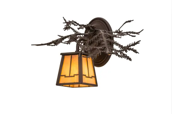 Every Meyda Tiffany item is a unique handcrafted work of art. Natural variations in the wide array of materials that we use to create each Meyda product make every item a masterpiece of its own. Photographs are a general representation of the product. Colors and designs will vary. Collection: Pine Branch Finish: Cafe Noir Glass: Beige Iridescent Width: 14.50" Height: 9.00" Length: 11.00" Weight: 2.00 lb Extension from Wall: 11.00" Number of Bulbs: 1 Maximum Wattage: 60.00 W Bulb Type: JCD Bulb Base: G9 Light Source: Halogen Material: Steel Country of Origin: USA Safety Listing: Damp Safety Rating: Damp