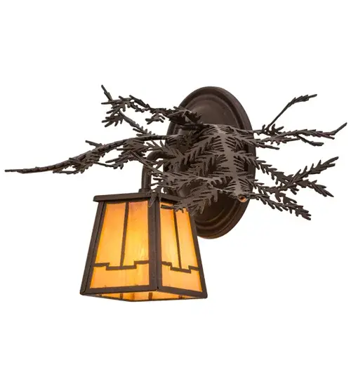 Every Meyda Tiffany item is a unique handcrafted work of art. Natural variations in the wide array of materials that we use to create each Meyda product make every item a masterpiece of its own. Photographs are a general representation of the product. Colors and designs will vary. Collection: Pine Branch Finish: Cafe Noir Glass: Beige Iridescent Width: 14.50" Height: 9.00" Length: 11.00" Weight: 2.00 lb Extension from Wall: 11.00" Number of Bulbs: 1 Maximum Wattage: 60.00 W Bulb Type: JCD Bulb Base: G9 Light Source: Halogen Material: Steel Country of Origin: USA Safety Listing: Damp Safety Rating: Damp - alternate view