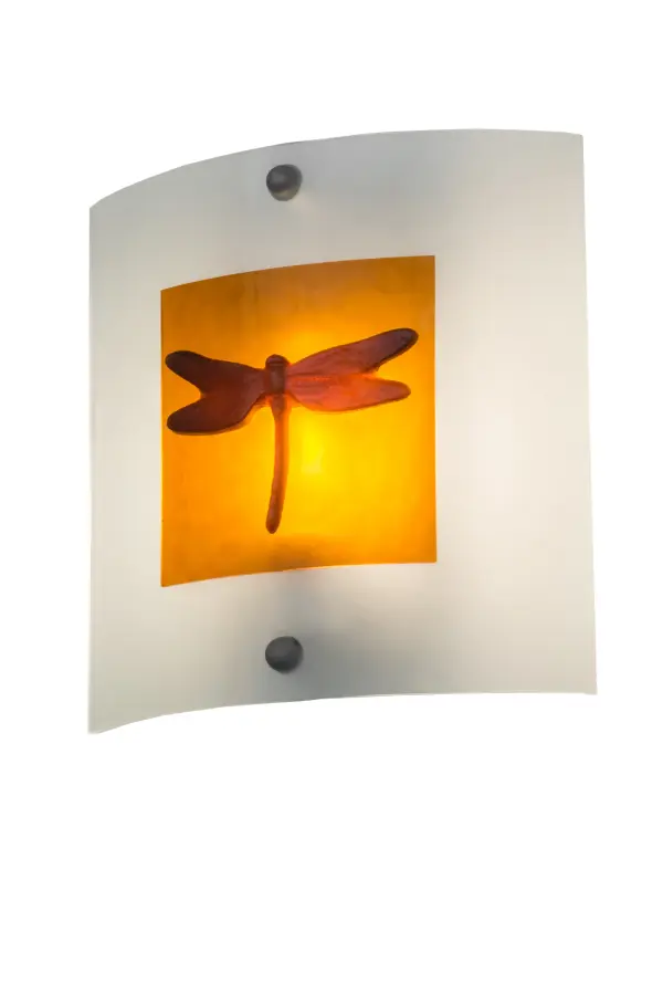 A subtle, elegant Dragonfly pate-de-verre design is featured in Bronze colored fused glass highlighted on a square profile which is embossed on Clear Frost art glass to create a stunning piece of art. Hand cut glass is high fired and hot fused together for a unique effect. Decorative accents are featured in a Nickel finish. Handmade by Meyda artisans in the USA, this dramatic lighting design is available in custom colors, sizes, styles and energy efficient lamping options. The wall fixture is UL and cUL listed for dry and damp locations. Collection: Metro Fusion Finish: Nickel Nickel Glass: Frosted Clear/Amber Dragonfly Width: 11.00" Height: 11.00" Length: 3.25" Weight: 3.50 lb Extension from Wall: 3.25" Number of Bulbs: 1 Maximum Wattage: 60.00 W Bulb Type: T10 Bulb Base: E26 Material: Metal Or Polyresin Country of Origin: USA Safety Listing: Damp Safety Rating: Damp