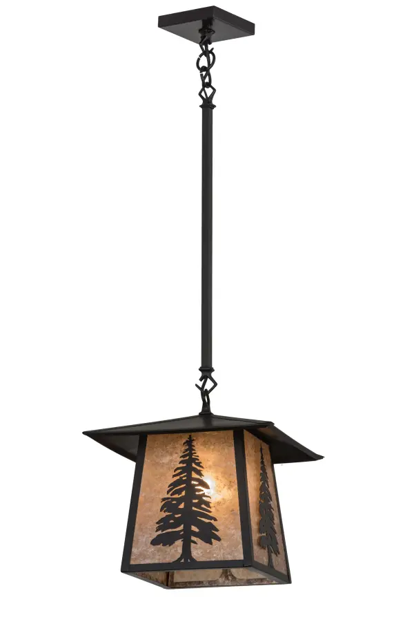 Creatively crafted of Solid Brass, a Tall Pine Tree is featured against stunning Silver Mica. Rustic charm comes alive with soft ambient light from this nature inspired pendant, which is enhanced by Craftsman Brown finished decorative accents, frame and hardware. Ideal for a variety of ceiling lighting applications, this Craftsman Signature lantern is handcrafted by Meyda artisans in our manufacturing facility at the foothills of the glorious Adirondack Mountains.Custom sizes, styles, colors and dimmable energy efficient lamping options are available.The fixture is UL and cUL listed for damp and dry locations. Collection: Stillwater Finish: Craftsman Brown Glass: Silver Mica Width: 16.50" Height: 35.00" Length: 11.75" Weight: 5.00 lb Extension from Wall: 4.25" Number of Bulbs: 1 Maximum Wattage: 60.00 W Bulb Type: A19 Bulb Base: Medium Material: Steel Country of Origin: USA Safety Listing: Damp Safety Rating: Damp