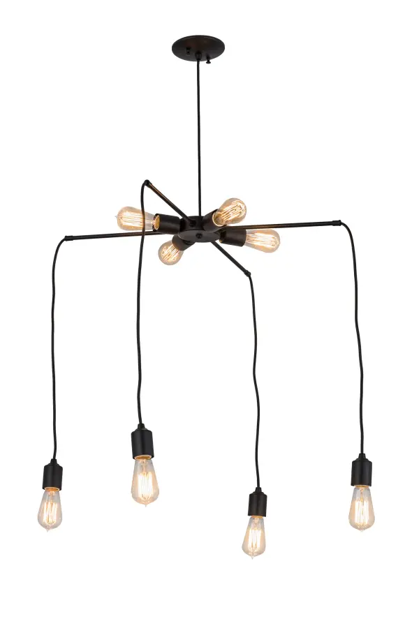 Inspired by the invention; that created an industry and popular design movements seen in trending nightclubs and restaurants from Miami to New Orleans and Austin. This ceiling fixture makes a centerpiece featuring a stunning; impressive array of 8 Edison-styled lamps that double as unique pendant elements offering a popular chic look for reception areas; entryways; dining areas; and other residential; hospitality; and commercial spaces. The Black frame and hardware complement nearly any d?cor. The overall height ranges from 27 to 44 inches; as the cord can be adjusted in the field to meet your exact lighting specifications. The Alva Chandelier is included in our American-made; American-designed; handcrafted Contemporary Alva Lighting Collection. Manufactured in Yorkville; NY. UL & cUL listed for dry and damp locations.
