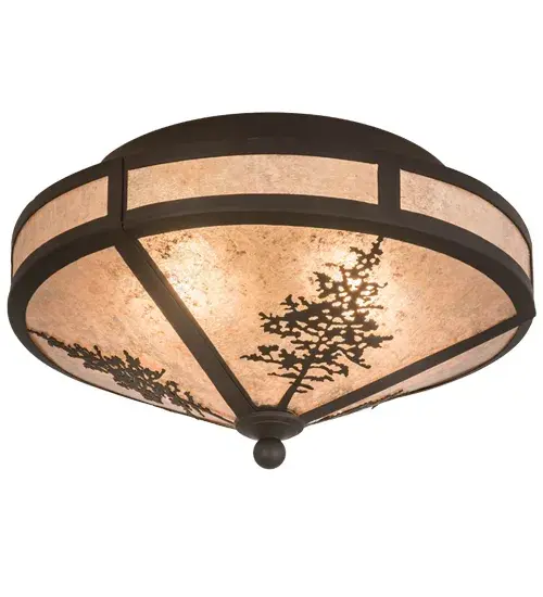Tall Tamarack trees grow tall toward the brilliant rays of a sunlit sky; glowing from stunning Silver Mica. Designed in the Craftsman tradition; this handsome lens is complemented with a frame and decorative accents featured in an Oil Rubbed Bronze finish. Custom crafted by highly skilled artisans in our manufacturing facility at the foothills of the spectacular Adirondack Mountains in the USA; this ceiling fixture is available with dimmable energy efficient lamping options such as LED. Tamarack is also offered in custom designs; colors and sizes. The flushmount is UL and cUL listed for damp and dry locations. - alternate view