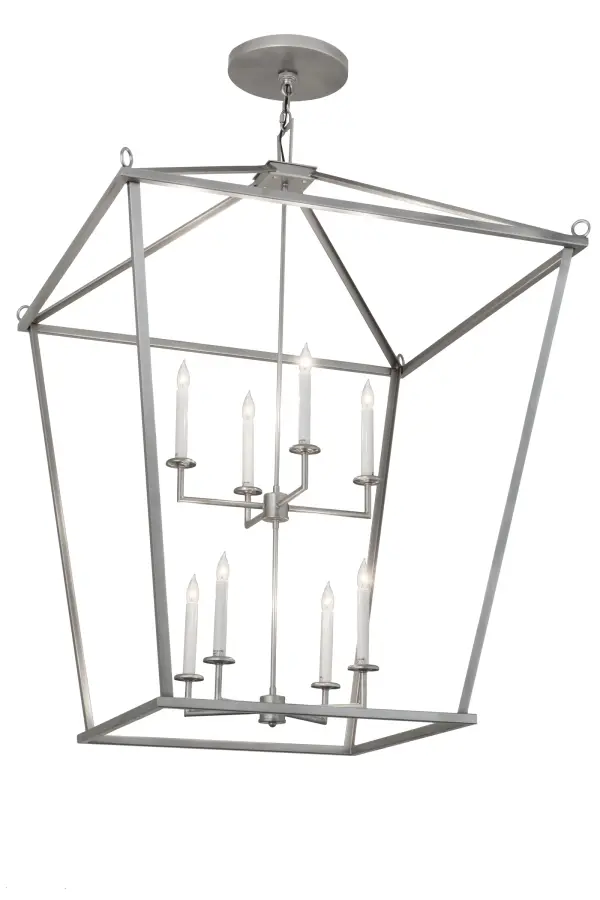 A sophisticated architecturally styled fixture is designed with a classic structural design. Give your decor an extra edge with this breathtaking fixture, which is highlighted with a solid steel structure that surrounds eight faux candlelights perched on bobeches. The hardware and frame are featured in a Nickel finish. Handmade in our 180,000 square foot manufacturing facility in Yorkville, New York. Available in custom sizes, styles and finishes, as well as dimmable energy efficient lamping options. UL and CUL listed for damp and dry locations. Collection: Kitzi Finish: Nickel Glass: White,Grey,Black Width: 51.00" Height: 54.00" Length: 36.00" Weight: 38.00 lb Extension from Wall: 6.50" Number of Bulbs: 8 Maximum Wattage: 60.00 W Bulb Type: BA9 Bulb Base: E12 Material: Steel Country of Origin: USA Safety Listing: Damp Safety Rating: Damp